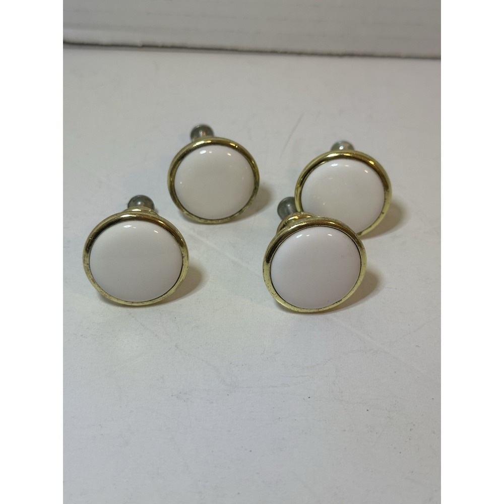 Four Vintage Brass White Porcelain Cabinet Drawer Door Pull 1-1/4"